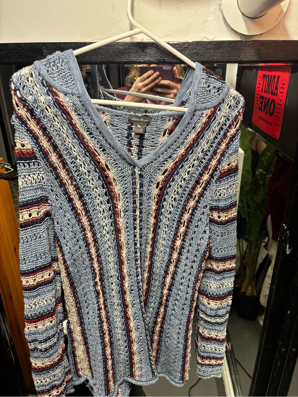 Eddie Bauer Light Blue Striped Open-Knit V-Neck Sweater